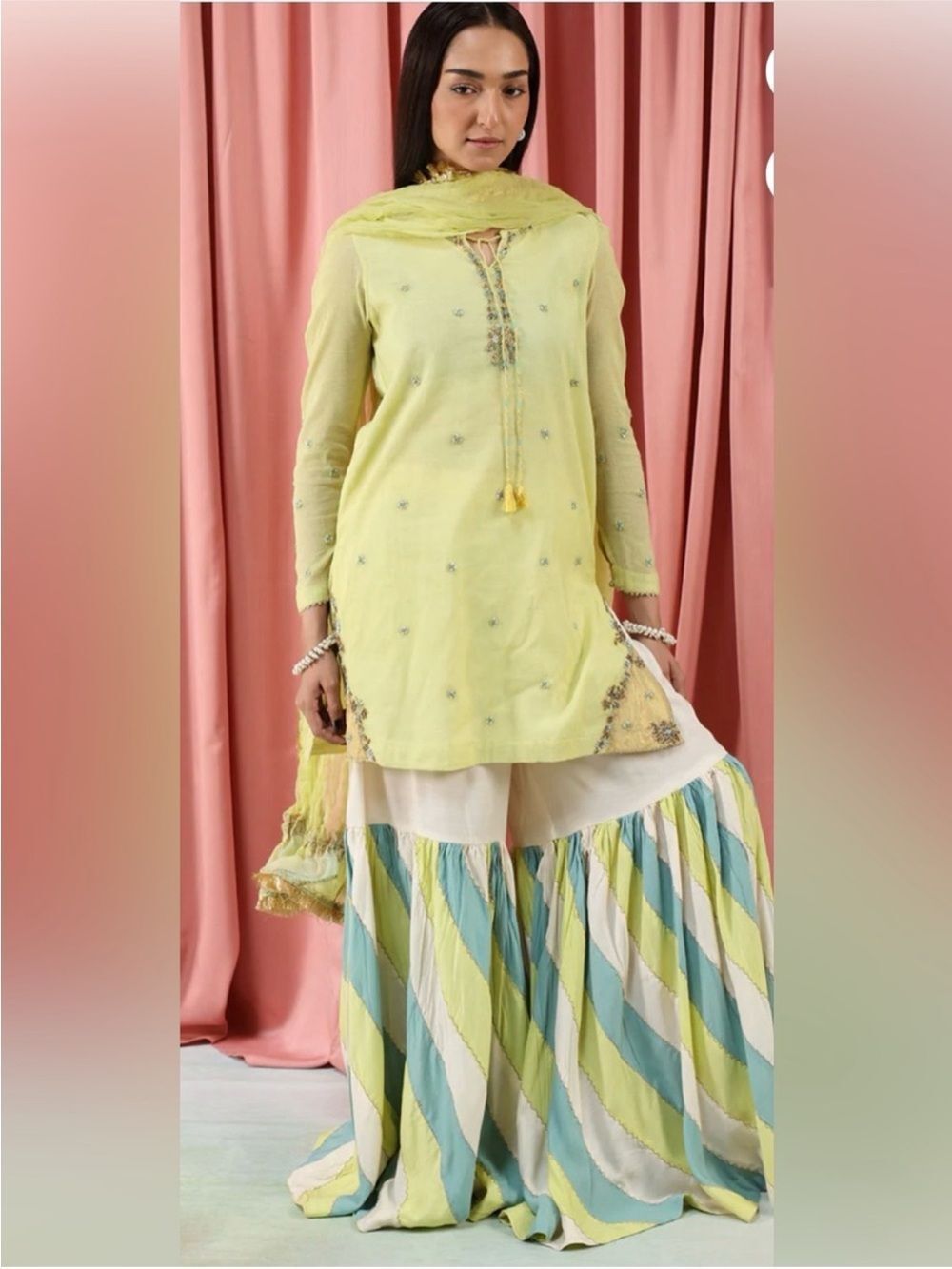 Generation Lemon Yellow & Aqua Striped Palazzo Skirt Set 2 Piece